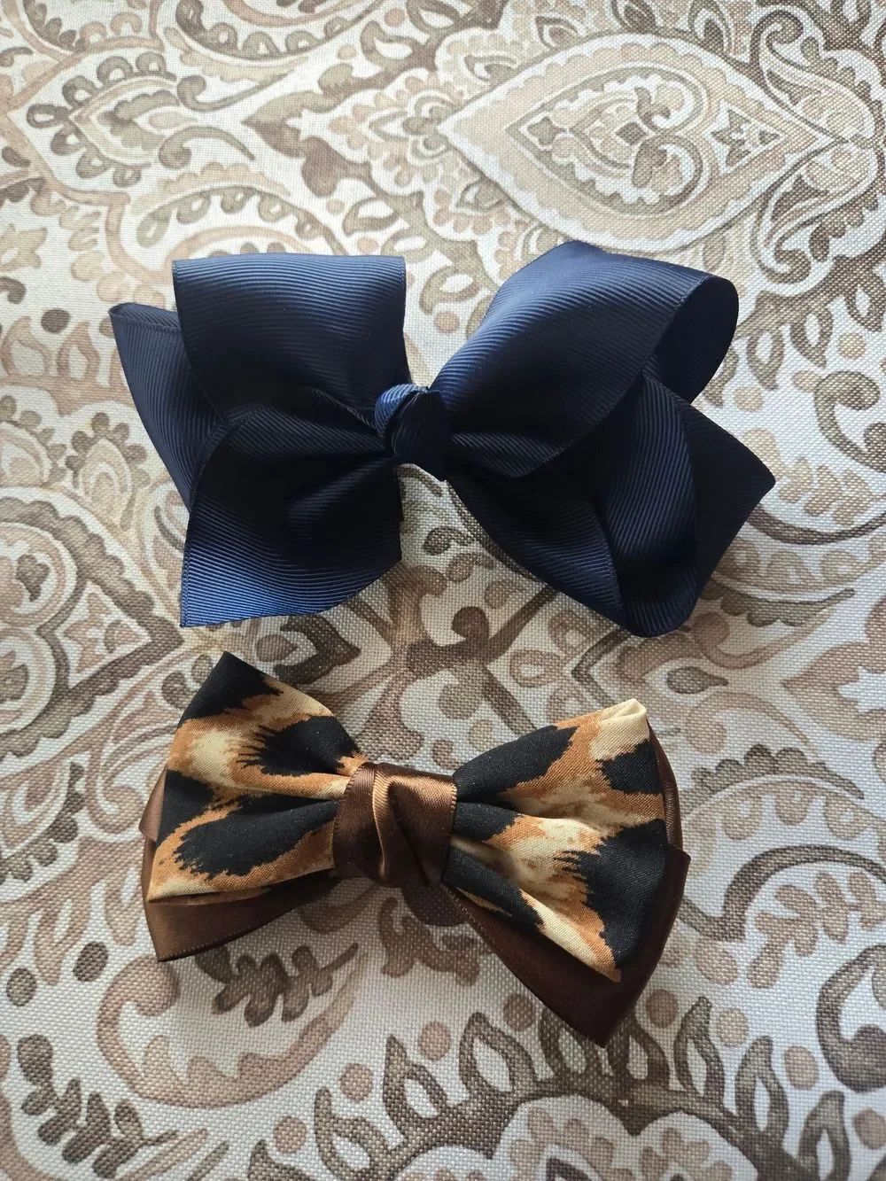 Girls Navy Grosgrain Bow & Brown Leopard Print Hair Bow Set